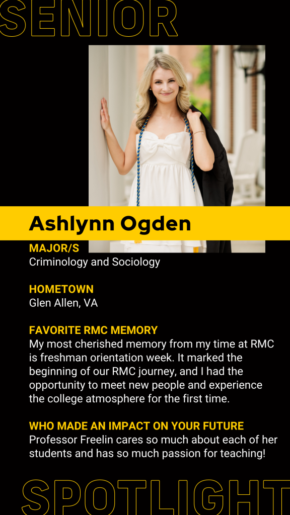 A person in graduation attire smiles at the camera. Text highlights their senior status, academic major, hometown, and college memories.