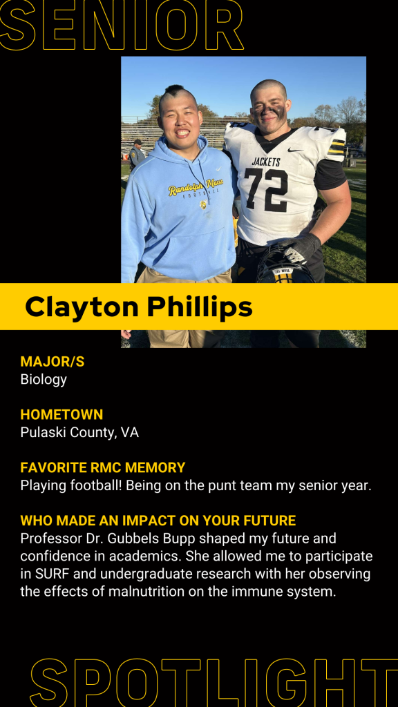 Two individuals pose outdoors; one wears a Randolph-Macon hoodie, the other is in a "Jackets" football uniform with number 72. The image highlights Clayton Phillips' achievements.