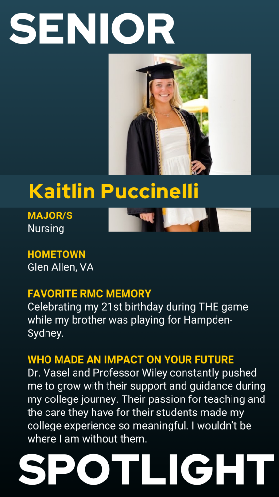 A person in graduation attire stands outdoors, smiling. Text highlights nursing major Kaitlin Puccinelli from Glen Allen, VA, sharing memories and influential mentors.