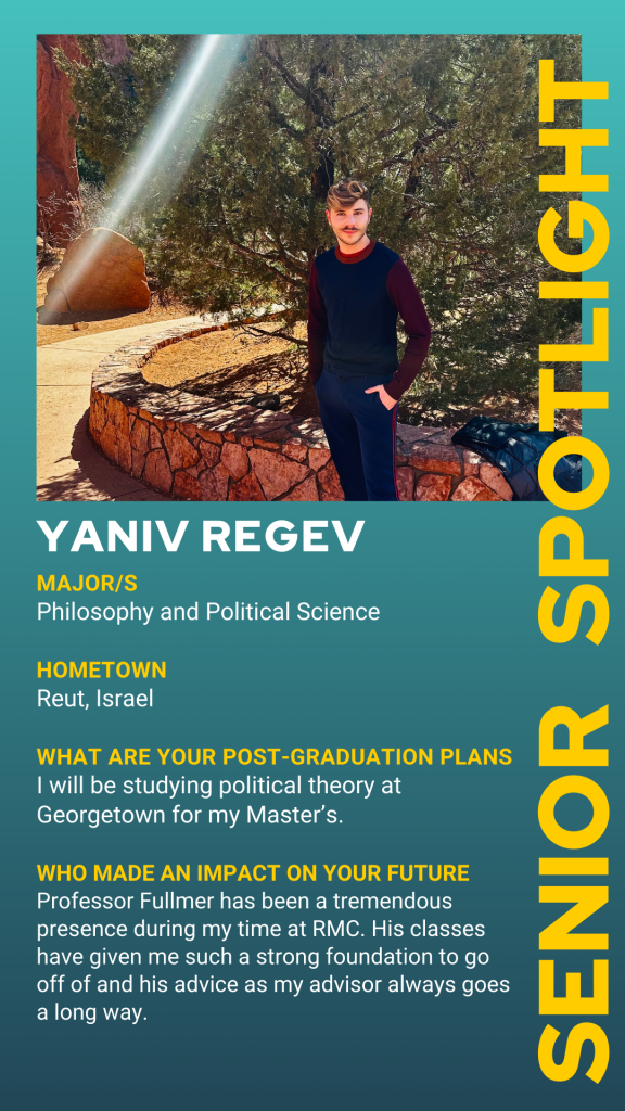 Individual standing outdoors in front of a tree. Accompanying text highlights senior spotlight, including academic background, hometown, future plans, and the influence of a professor on their education.