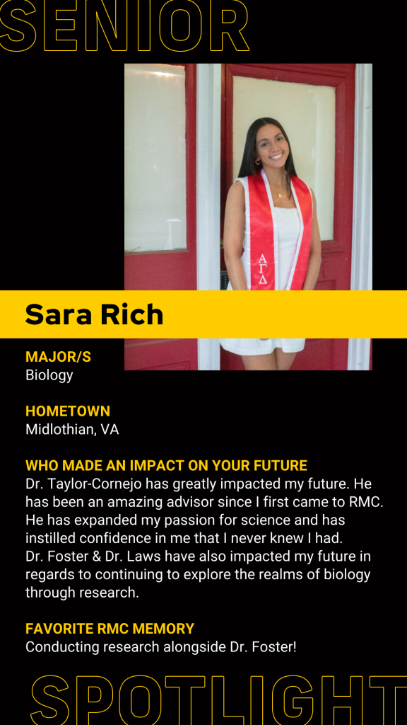 A person stands in front of red double doors. Text highlights a major in biology, hometown in Virginia, and key academic influences.