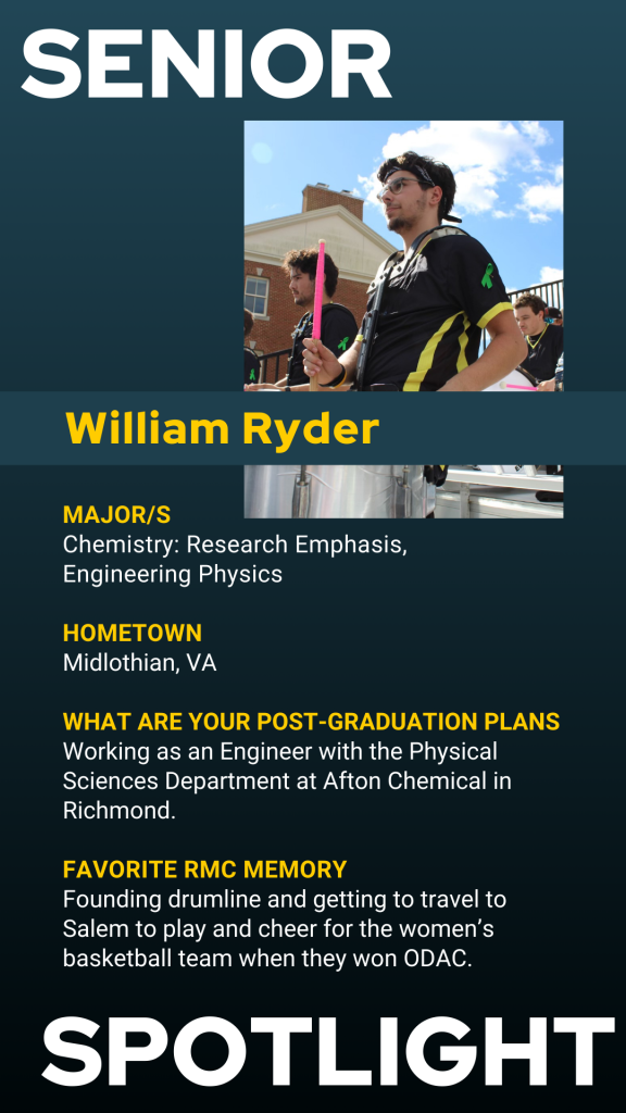A student holds drumsticks outdoors; text provides William Ryder’s major, hometown, post-graduation plans, and favorite Randolph-Macon College memory.