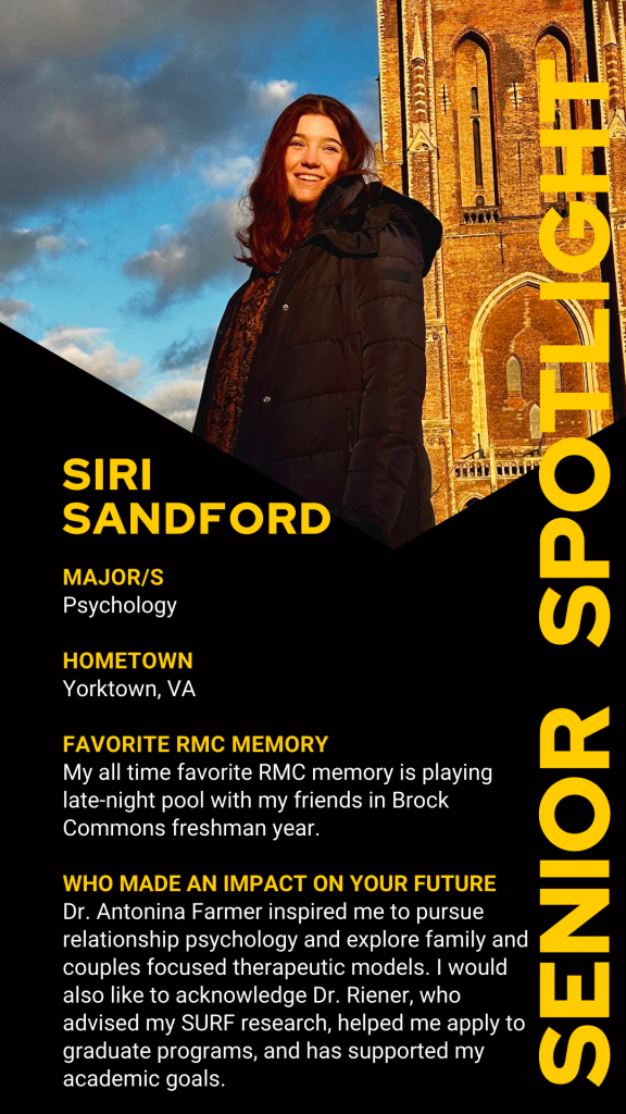 A student stands outdoors in front of a brick building with a tower. Text highlights achievements and experiences at Randolph-Macon College for a senior spotlight feature.