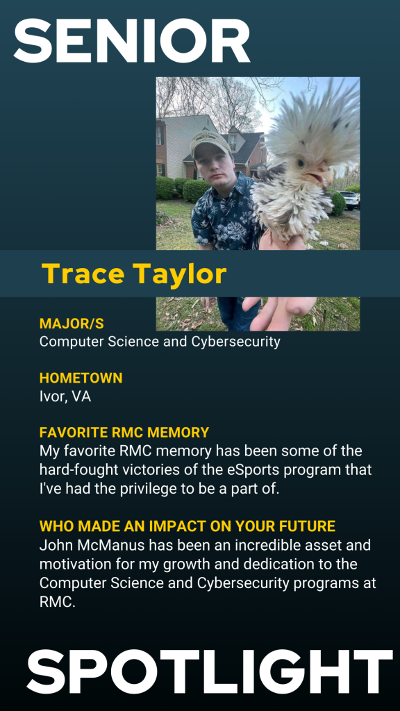 A student named Trace Taylor holds a chicken; text highlights their major, hometown, favorite memory, and a mentor’s influence at RMC.