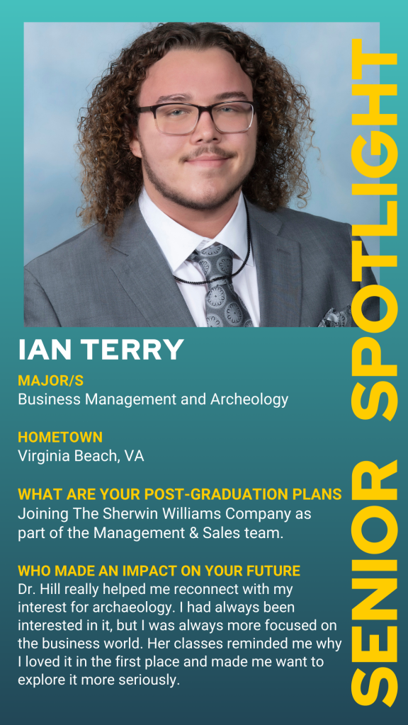 An individual poses for a senior spotlight featuring their major, hometown, post-graduation plans, and an influential teacher. Text highlights key details.