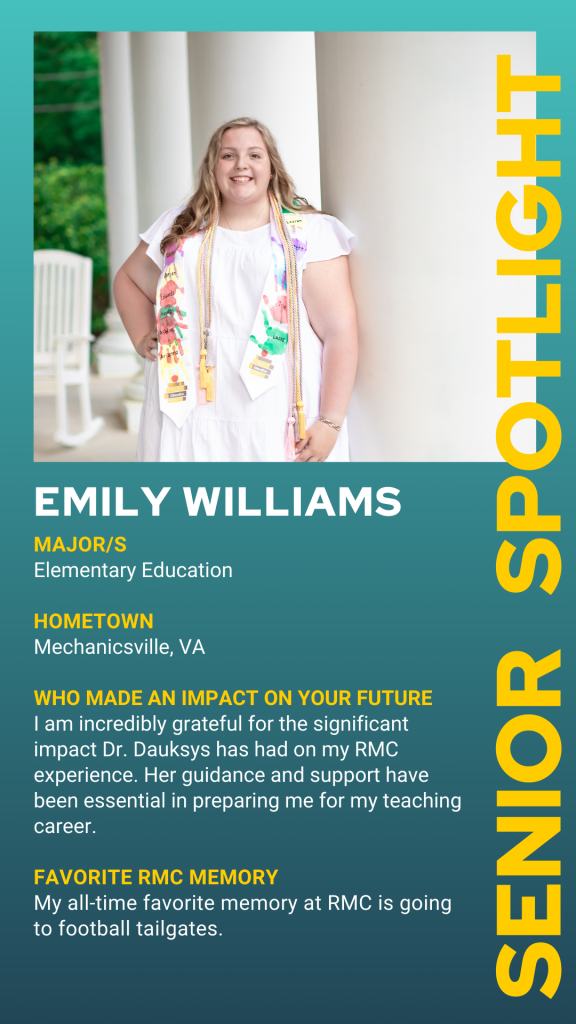 A person stands by columns. Text highlights their name, major, hometown, influences, and favorite college memory. "Senior Spotlight" appears on the side.