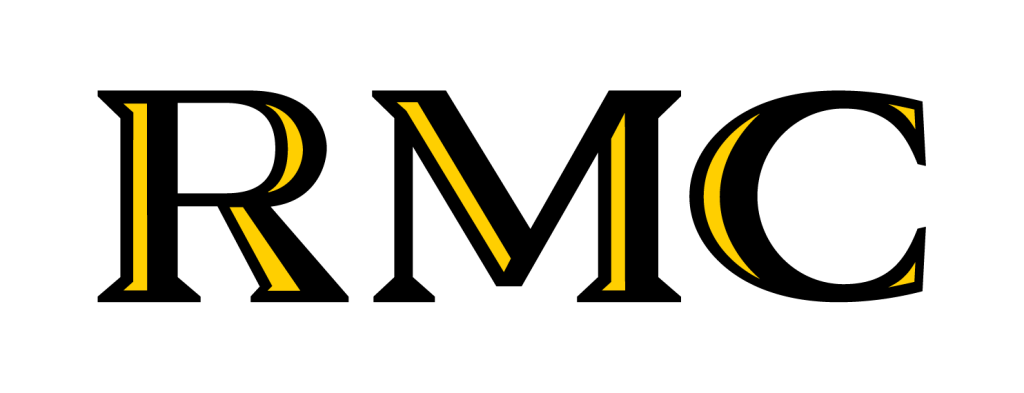 The letters "RMC" in bold black font with a yellow shadow on a white background, designed to meet college logo standards.