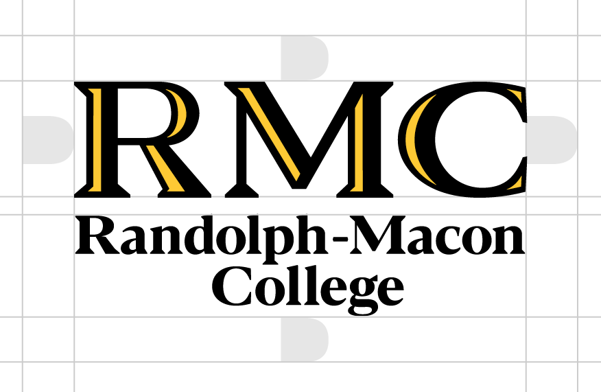 The image displays "RMC" in large black and gold font above "Randolph-Macon College" in smaller black font on a white background with a grid overlay, highlighting college branding.