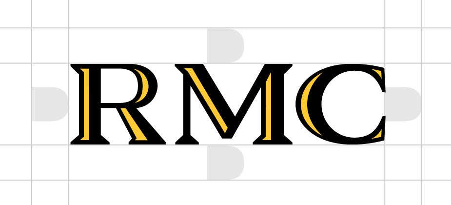 The image displays the letters "RMC" in a bold serif font with black and gold outlining, centered on a grid background with geometric markings, illustrating college logo and identity standards.