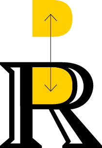 A yellow letter D is positioned within the upper curve of a black letter R, with arrows showing how the letters align as part of college branding.