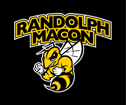 A cartoon yellow jacket mascot with clenched fists appears below bold yellow text reading "Randolph-Macon" on a black background, representing college branding.