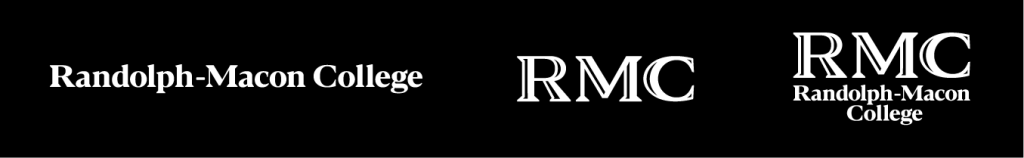 Three versions of the Randolph-Macon College logo in limited-use one-color over black background