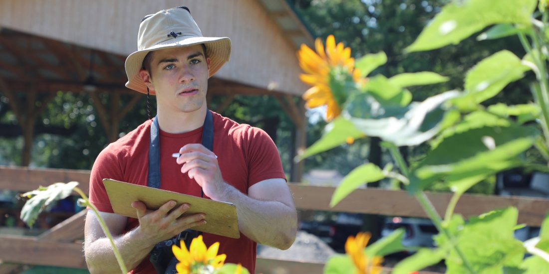 A biology student writes on a clipboard while observing marigolds at a farm.
