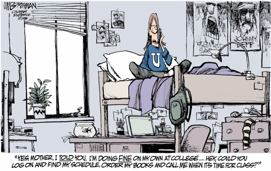 A comic shows a college student talking on the phone in a cluttered dorm room, sitting on a lofted bed amid posters, books, and personal items.