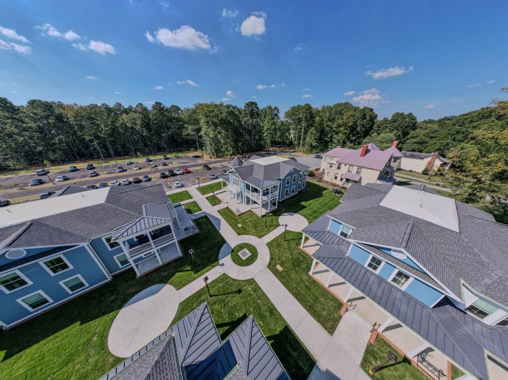 Drone photography of Spotswood Residential Village and common space. 