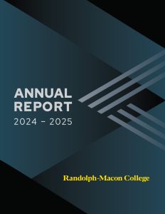 Randolph-Macon College Annual Report 2024–2025 cover with geometric blue and black design, white and yellow text.