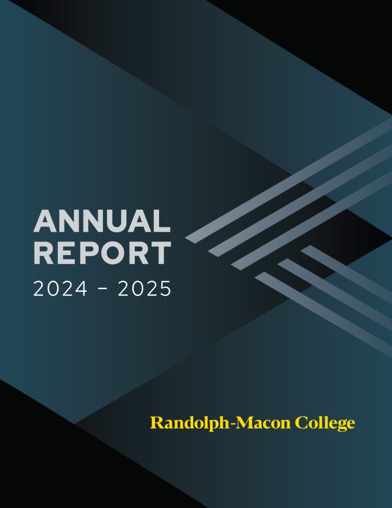 Randolph-Macon College Annual Report 2024–2025 cover with geometric blue and black design, white and yellow text.