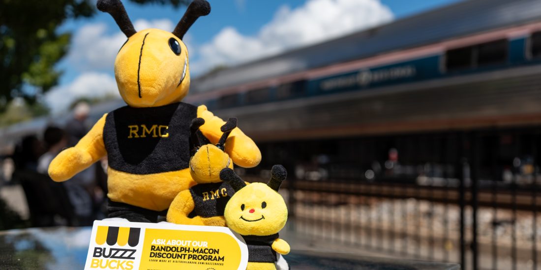 Three plush bee mascots with "RMC" shirts sit on a table with a "Buzz Bucks" flyer, train and blue sky in the background.