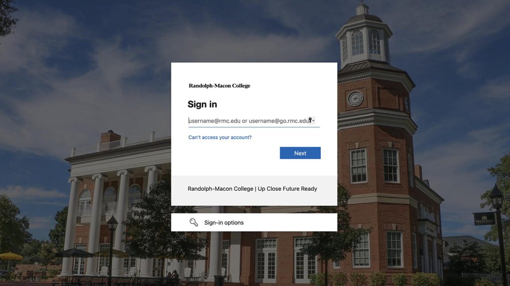 Randolph-Macon College login page where students are required to enter their username and password.