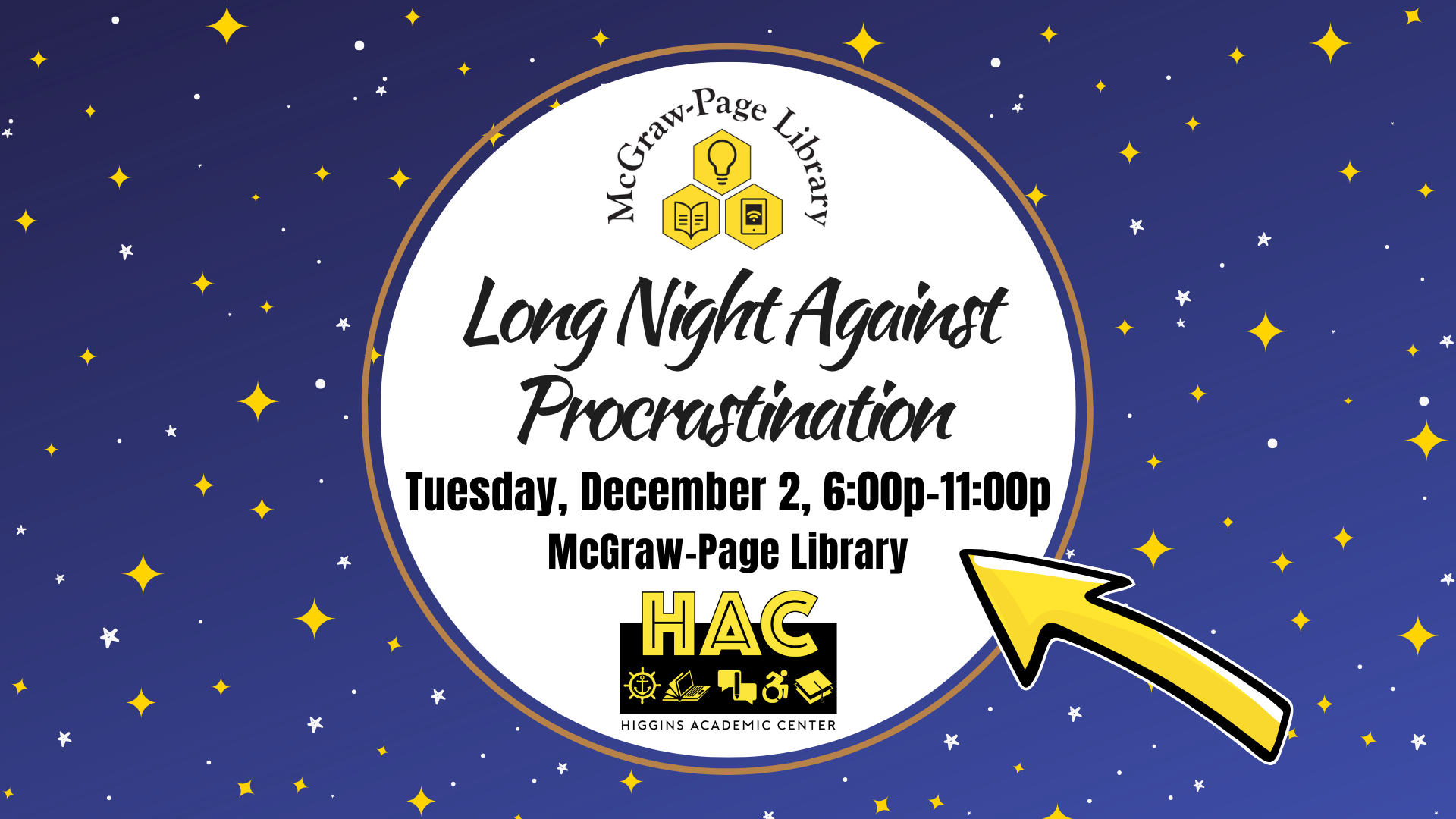 Event graphic for "Long Night Against Procrastination," Dec 2, 6-11pm, McGraw-Page Library, HAC logo on starry background.