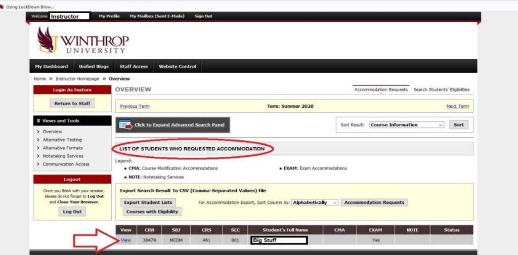 A seciton titled List of Studnets Who Requested Accommodations where instructors can view the requests of each of their students.