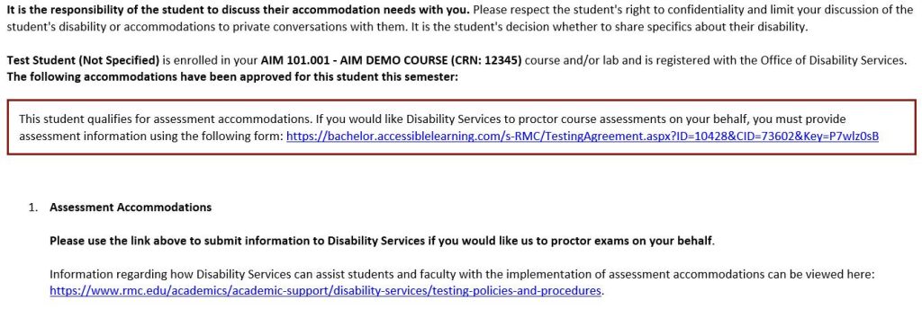 Example student letter of accommodation sample showing lin to https://bachelor.accessiblelearning.com/s-RMC/TestingAgreement.aspx where instructors can see the Alternative Testing Agreement.