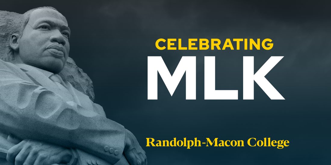 Statue with text: “Celebrating MLK,” “Randolph-Macon College,” and Echoes of a Dream screening on blue background.