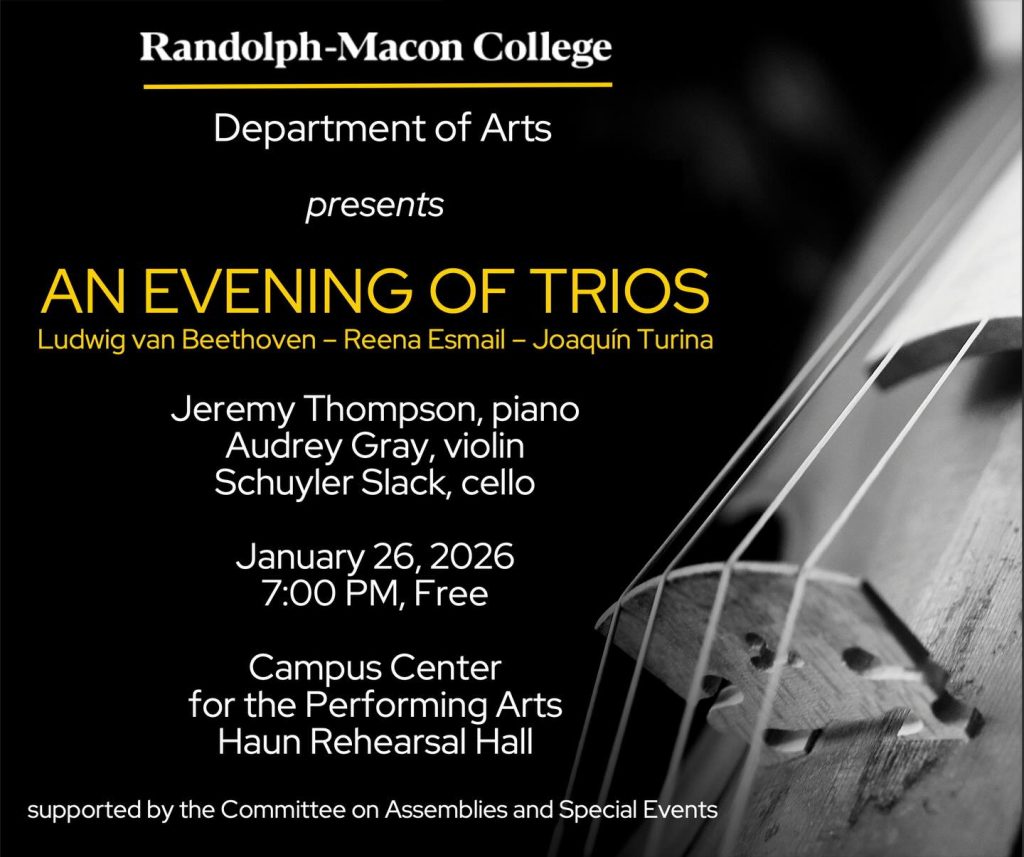 Concert flyer for "Night of Trios" at Randolph-Macon College, Jan 26, 2026; features piano, violin, cello, and a cello close-up.