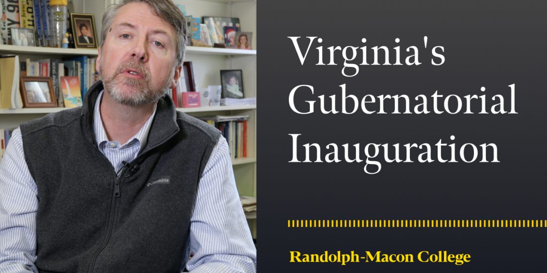 Person seated in an office with bookshelves; text on screen: "Virginia's Gubernatorial Inauguration, Randolph-Macon College.