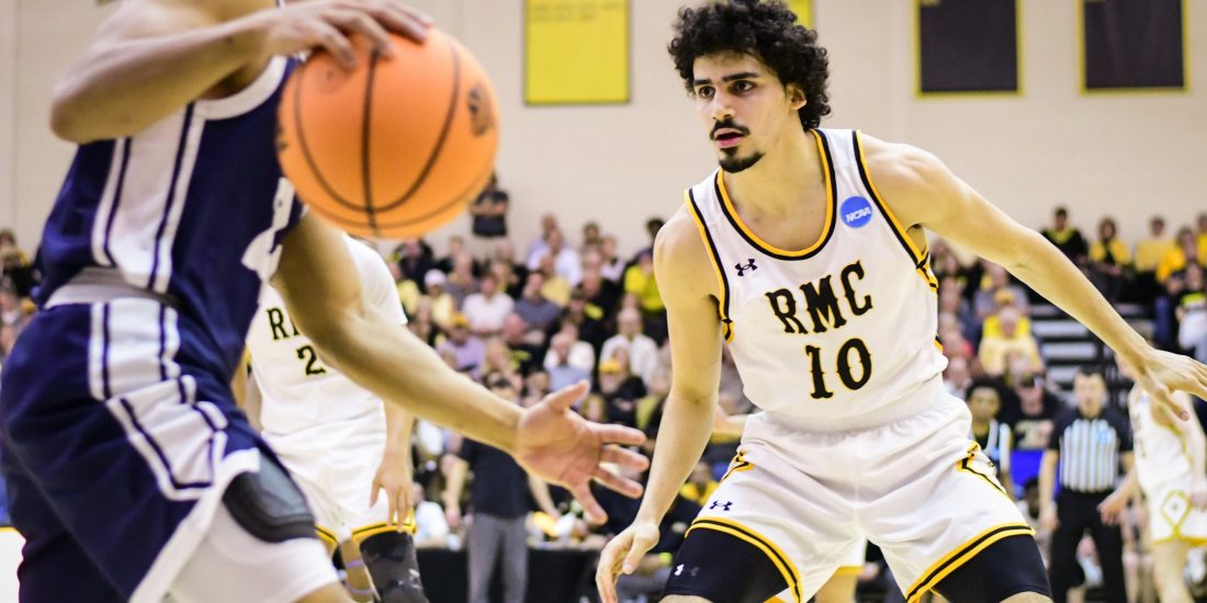 An RMC Men's Basketball plays defense inside Crenshaw Gymnasium during the NCAA Tournament