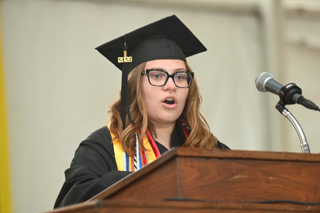 Sydney Waldrop delivers her remarks as the senior speaker during the Commencement for the Class of 2026
