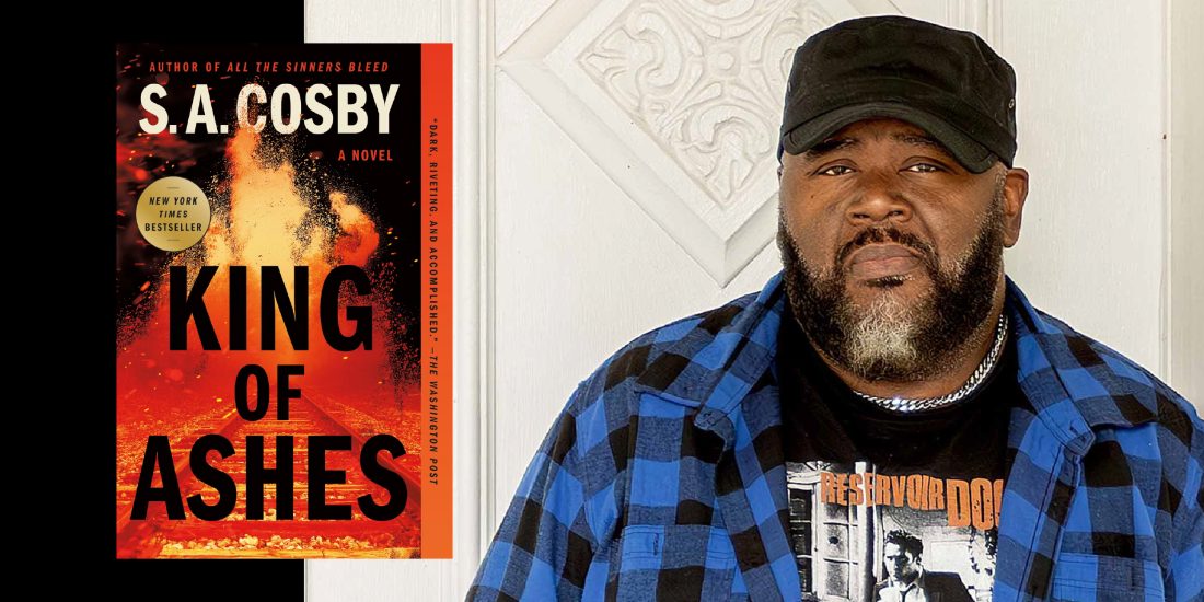 A headshot of author S.A. Cosby next to the cover of his latest novel, "King of Ashes"
