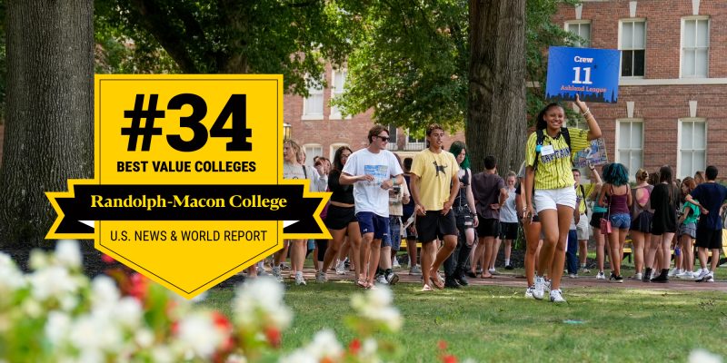 On top of a photo of new student orientation around the fountain plaza is a badge for RMC's #34 Best Value Colleges ranking in the US News & World Report