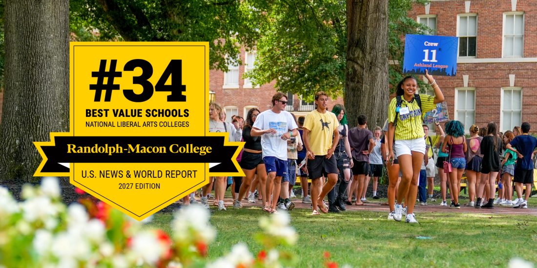 On top of a photo of new student orientation around the fountain plaza is a badge for RMC's #34 Best Value Colleges ranking in the US News & World Report