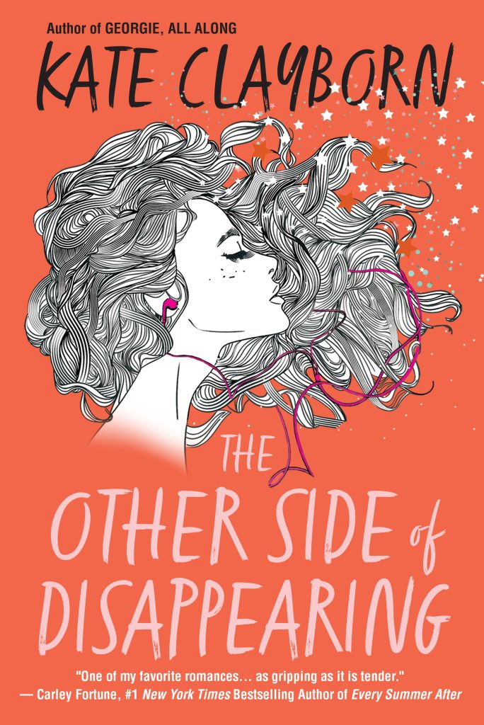 The cover of the novel "The Other Side of Disappearing" by Kate Clayborn. It is an orange background with a black-and-white illustration of a woman with long, flowing hair and pink, wired headphones