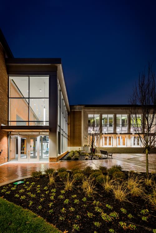 A photo of the Center for the Performing Arts taken from outside at night